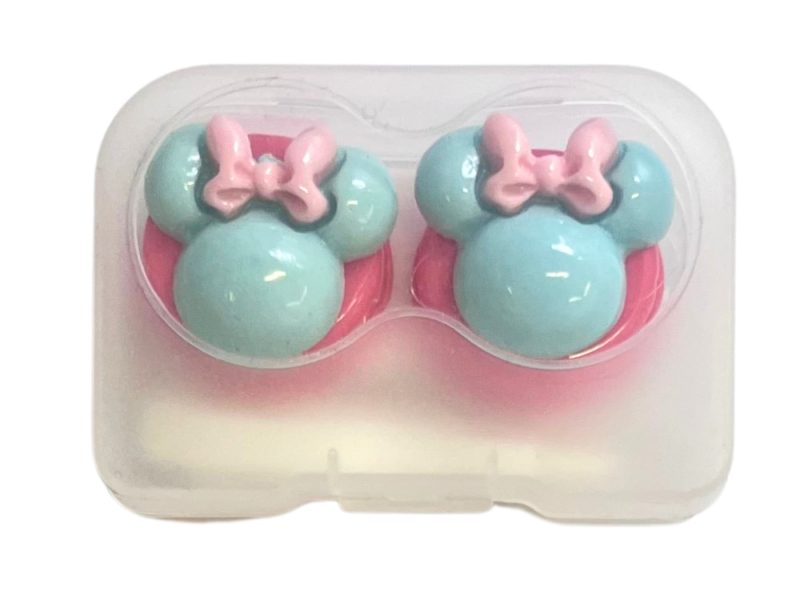 Minnie-figur, oppbevaringssett for kontaktlinser, farge: rosa base, turkis, rosa sløyfe