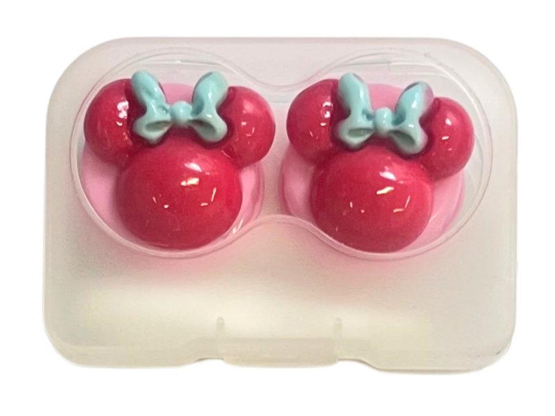 Minni-figur oppbevaringssett for kontaktlinser, farge: rosa base, rød, blå sløyfe