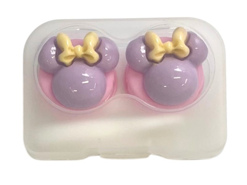 Minnie-figur, oppbevaringssett for kontaktlinser, farge: rosa base, lilla, gul sløyfe
